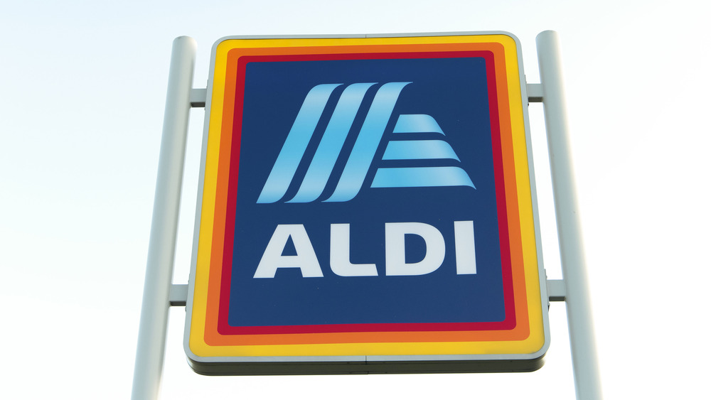 Aldi sign in a store window