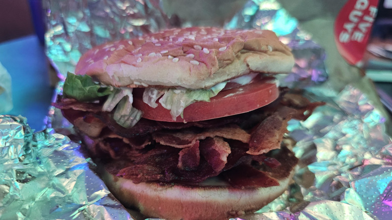 Closeup of a Five Guys BLT sandwich