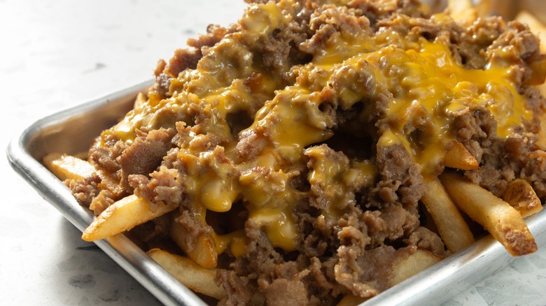 Loaded fries with chopped beef and cheese sauce
