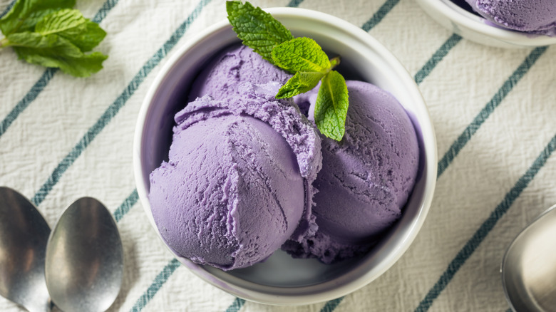 Ube ice cream in a bowl