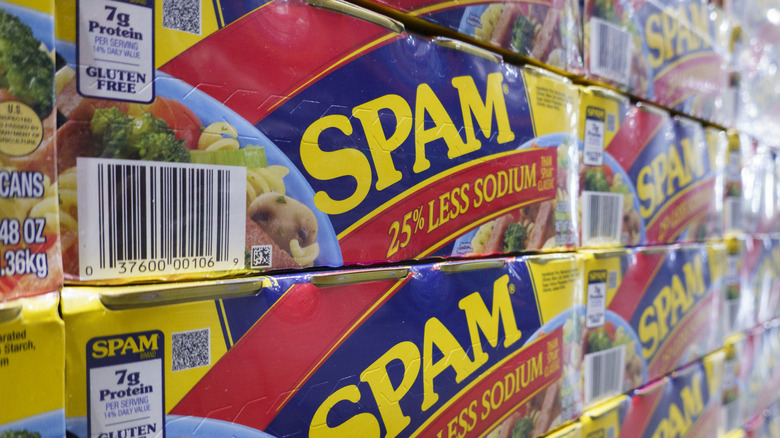 Boxes of SPAM stacked in a grocery store