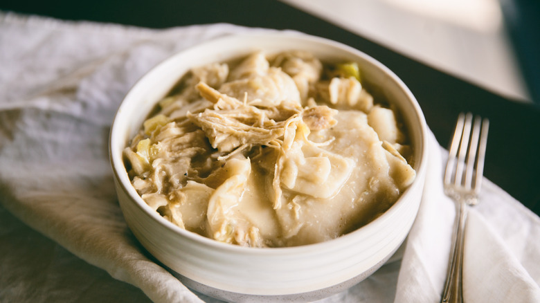 A plate of chicken and dumplings