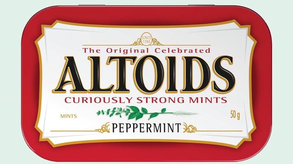 Red and white Altoids mints tin