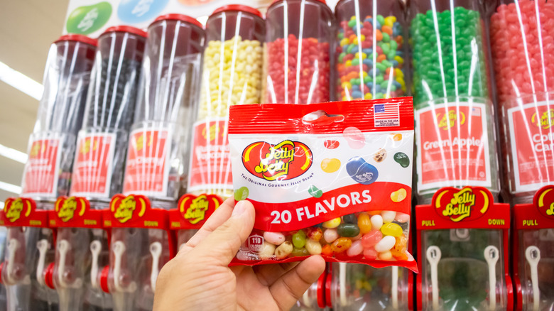 Hand holding package of Jelly Belly jelly beans