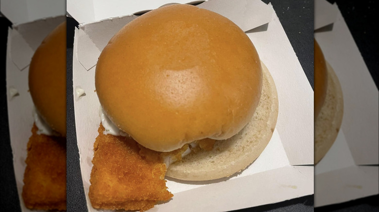 Hamburger bun with fried fish filet and sauce