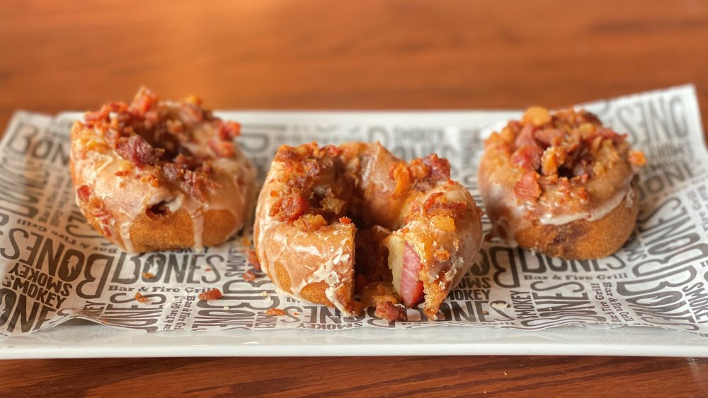 Three of Smokey Bones bacon filled donuts