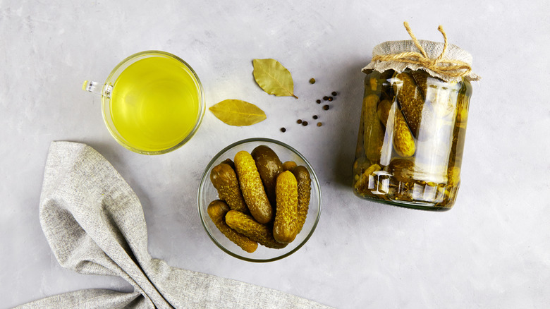 Pickles in jar and dish