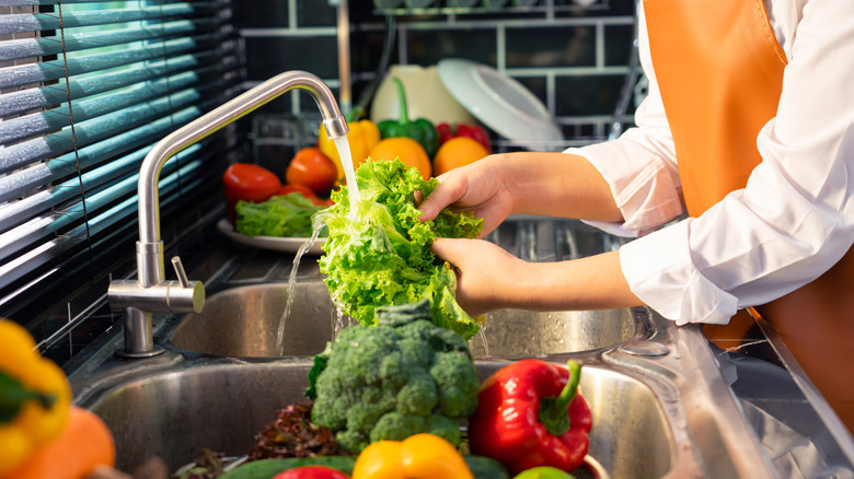 person washing vegetables