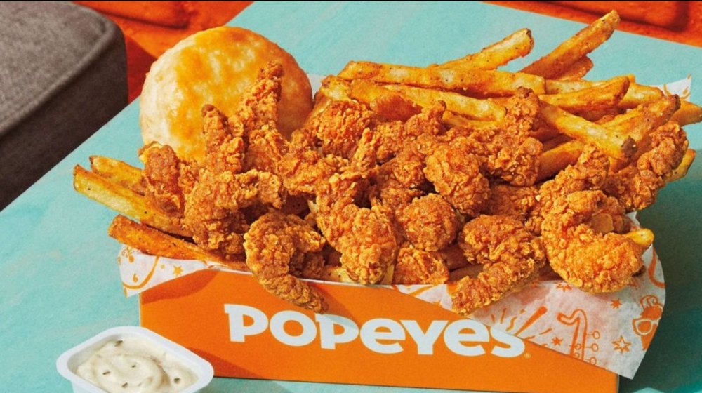 Popeyes' Twisty Wicked Shrimp with fries, a biscuit, and tarter sauce
