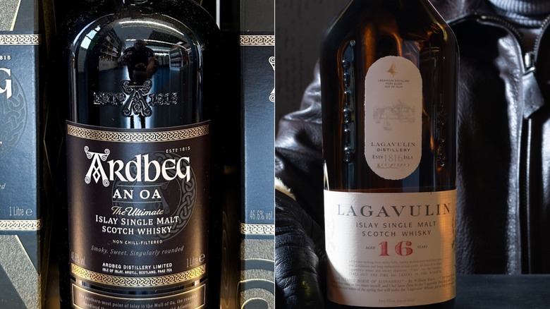 Split image of bottles of Ardbeg and Lagavulin