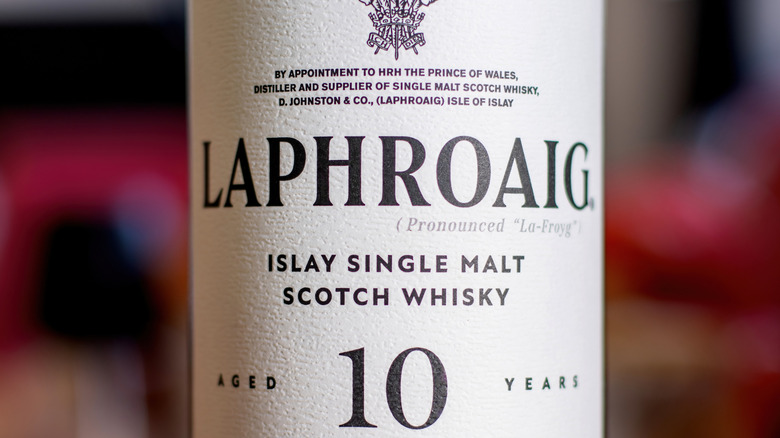 Close up of label on bottle of Laphroaig