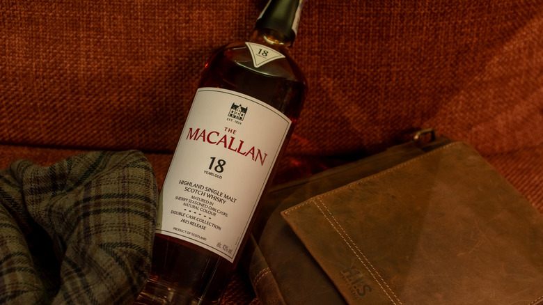 Bottle of The Macallan with leather bag