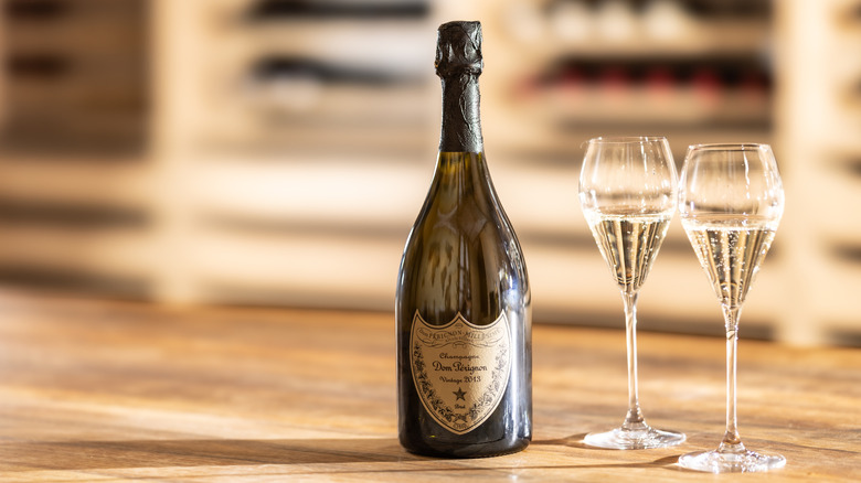 Vintage bottle of Dom Perignon and glasses