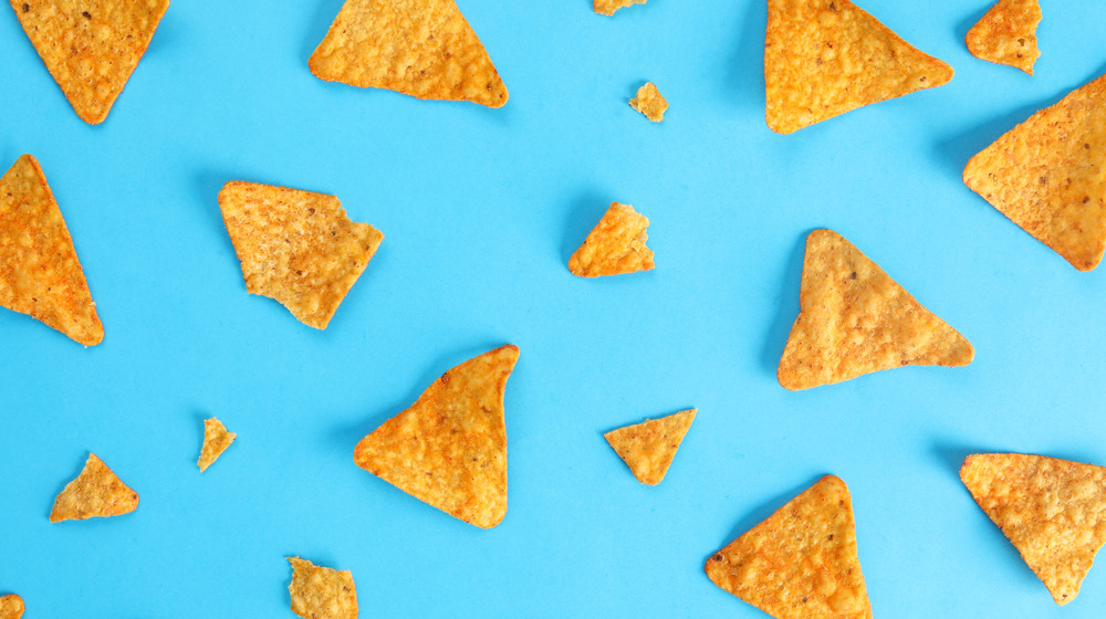 Seasoned tortilla chips on a blue background