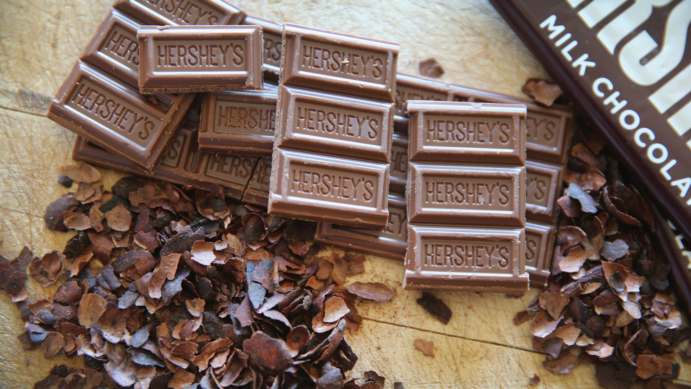 Hershey's chocolate bar broken into chunks