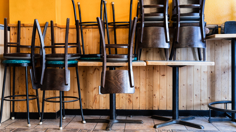 Closed restaurant with chairs on tables