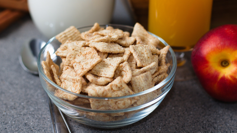 bowl of cinnamon square cereal