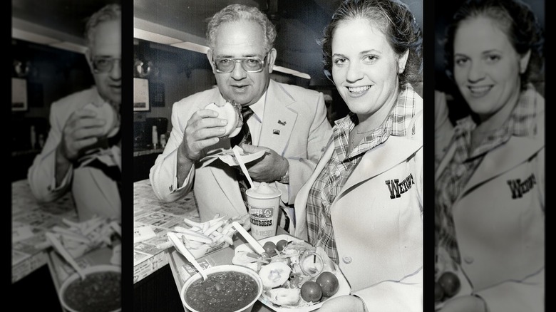 Dave Thomas with his daughter Melinda with a Wendy's meal.