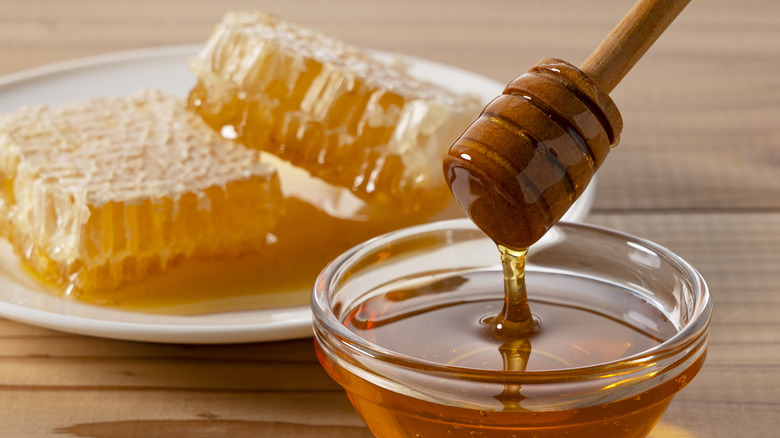 Honey dripping off wooden spoon hovering over glass dish with pieces of a honeycomb in background