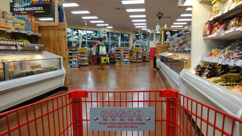 A Trader Joe's with a view from behind a red cart in the frozen foods aisle