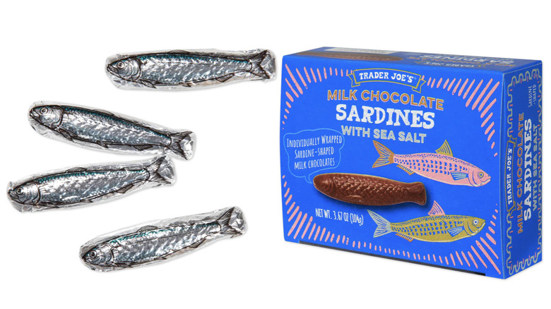 A blue box of Trader Joe's Milk Chocolate Sardines with individually-wrapped, sardine-shaped chocolates