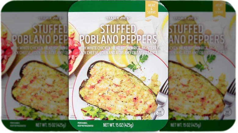 Package of stuffed poblano peppers with chicken, brown rice, cheese, and sauce.