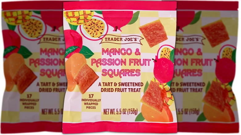Bag of mango and passion fruit flavored dried fruit squares.
