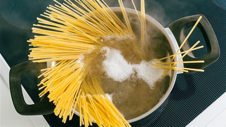 A pot of boiling pasta