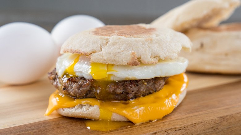 Sausage breakfast biscuit with eggs and English muffins