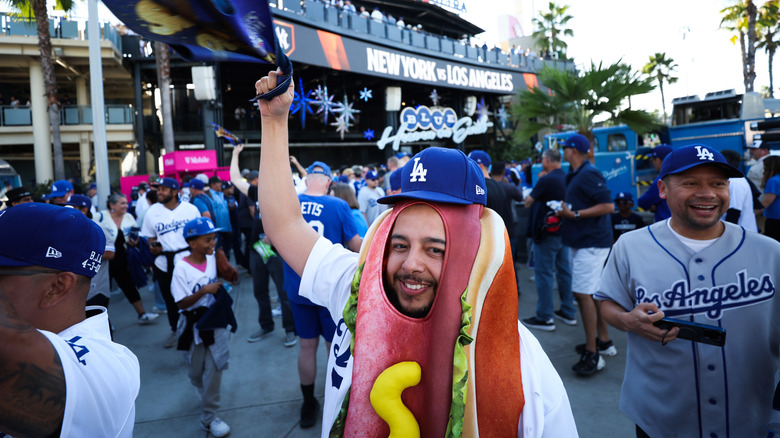 A Dodgers fan in a Dodger Dog costume at Dodger Stadium