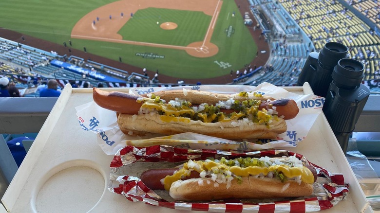 Dodger Dogs with a view of Dodger Stadium
