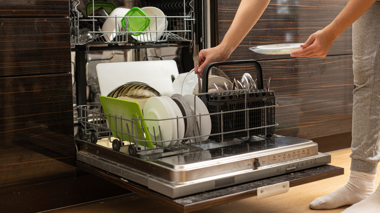 Person loading a dishwasher