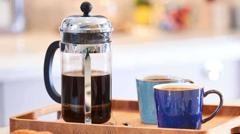 French press coffee on tray