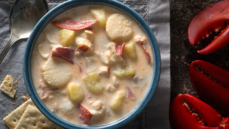 seafood chowder and lobster claws