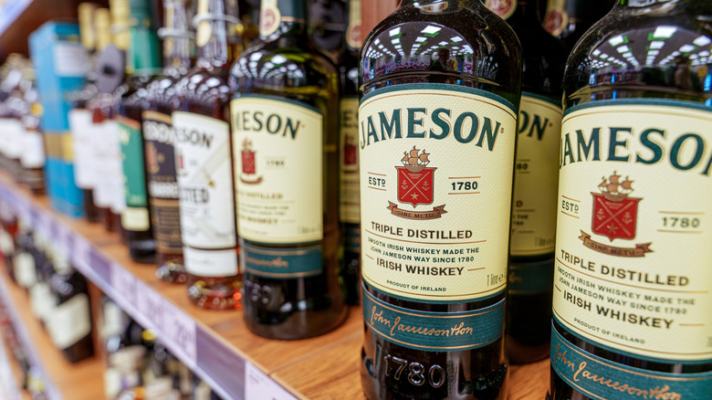 Bottles of Jameson Irish whiskey on store shelf
