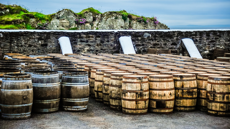 Barrels of Scotch whisky stored outdoors