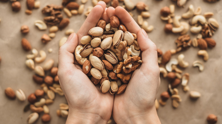 Hands holding various types of nuts