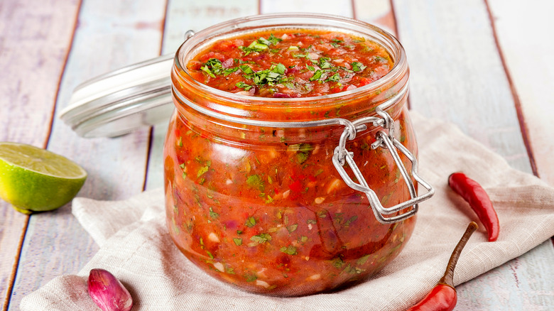 Tomato salsa in a jar