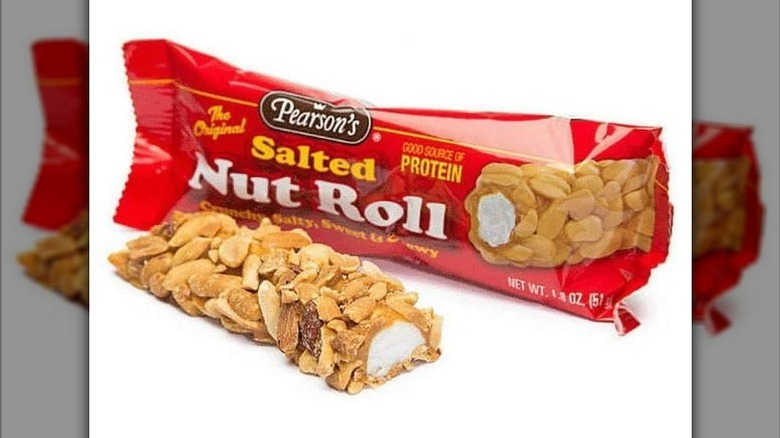 Salted Nut Roll sitting in front of the wrapper
