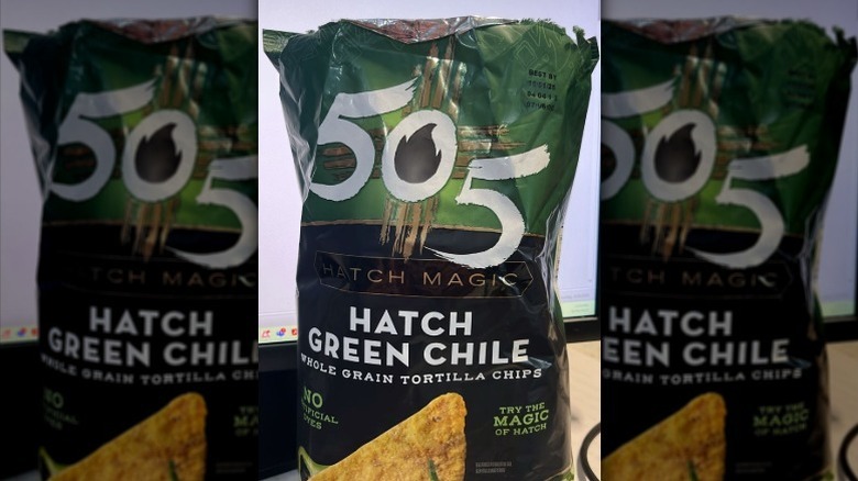 open bag of 505 hatch green chile tortilla chips