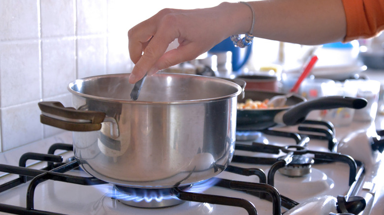 Stirring food in pot on gas stove