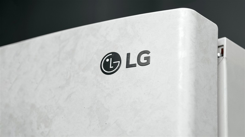 LG logo in upper right corner of refrigerator door.