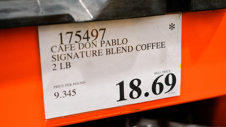 Price tag of coffee at Costco with asterisk in the upper right corner