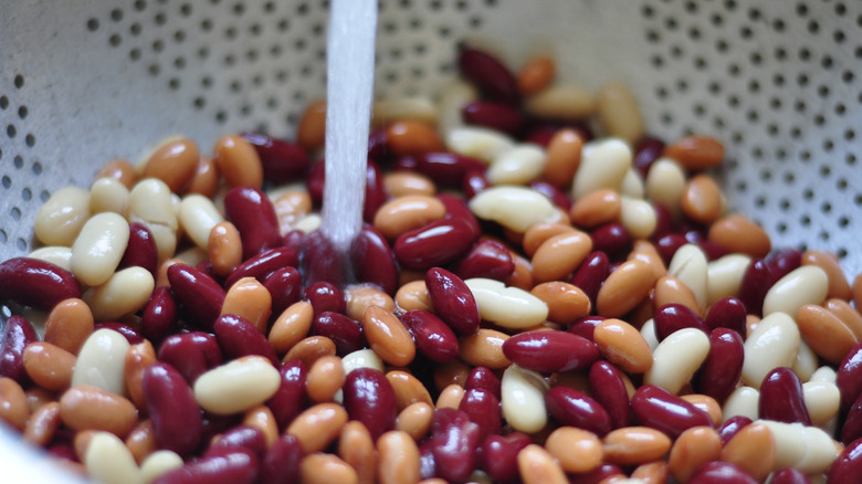 rinsing beans in a colander 