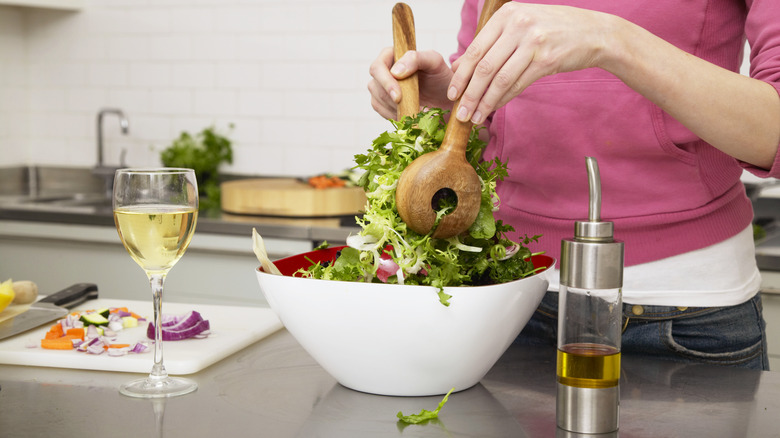 salad and a wine glass