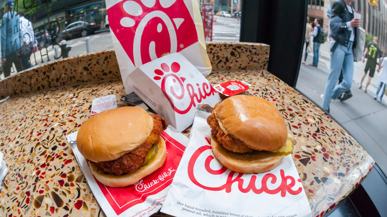 Two Chick-fil-A fried chicken sandwiches