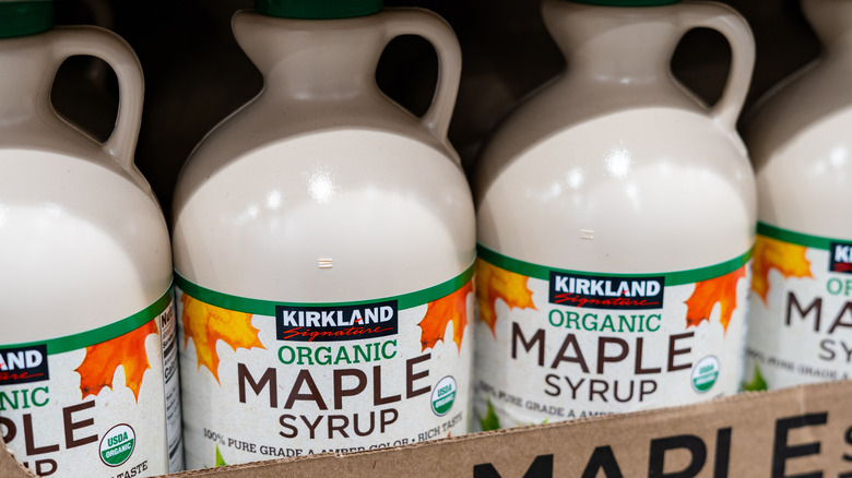 Jugs of Kirkland Signature maple syrup