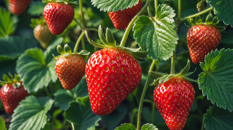 Strawberries growing on plant in a field