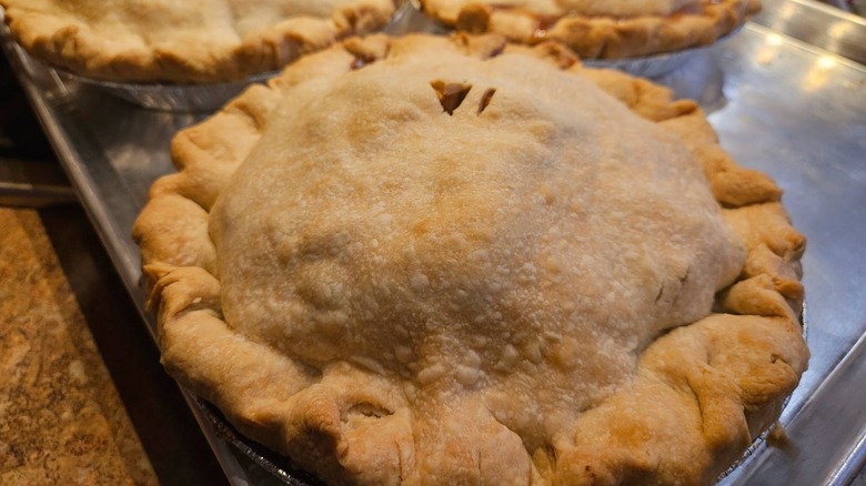 fresh baked double crusted apple pies on baking sheet