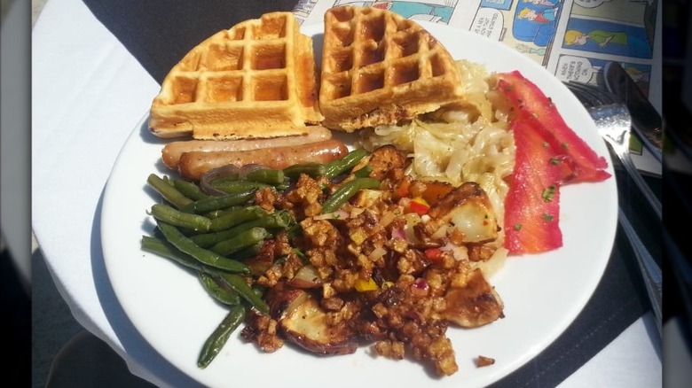 Waffles and sausages from breakfast buffet.